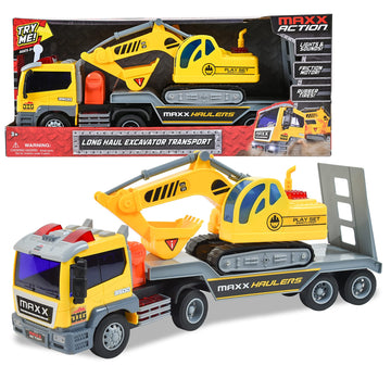 Maxx Action 17’’ Vehicle Transport with Excavator - Bright Lights and Construction Sounds | Friction Powered Trailer | 3 Piece Toy Playset for Kids |