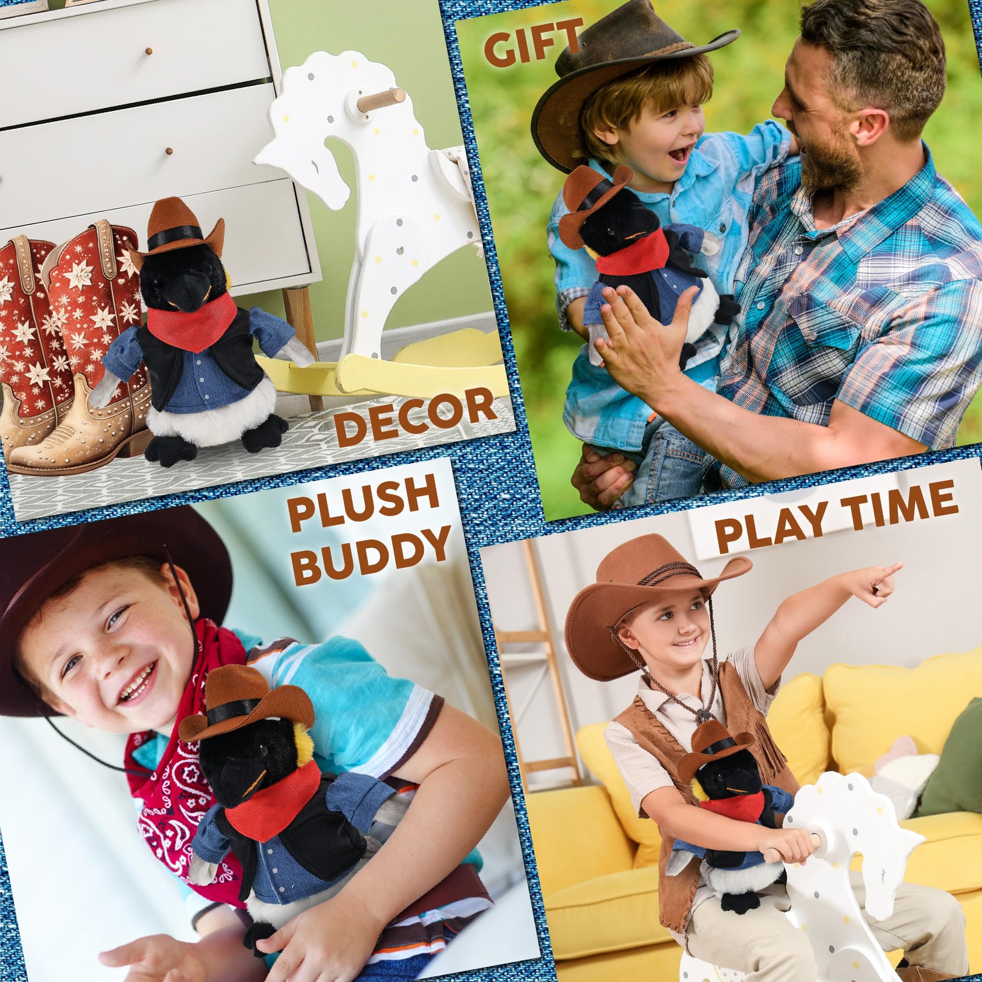 DolliBu Emperor Penguin Stuffed Animal Cowboy Plush with Name Personalization - Western-Themed Penguin Plush with Cute Cowboy Costume Denim Shirt
