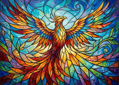 NiceGo 1000 Piece Jigsaw Puzzle for Adults Colorful Stained Glass Rising Phoenix | Vibrant Fantasy Firebird Mosaic Art | 27.5"x19.7" | Challenging