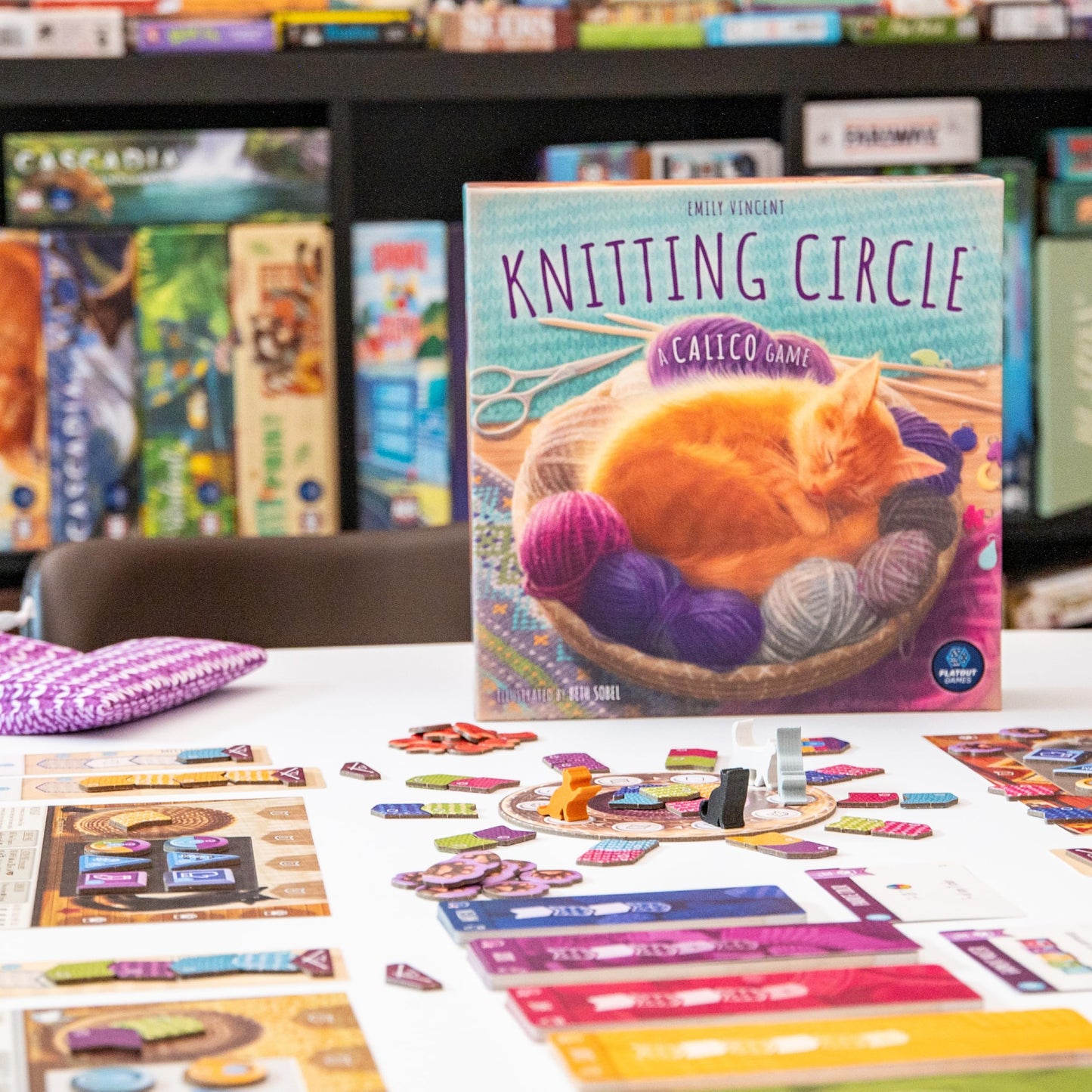 AEG & FlatOut Games | Knitting Circle - Follow-Up to the Award-Winning Puzzly Game Calico | Cats, Yarn, and Cozy Knits | Ages 10+ | 1-4 Players