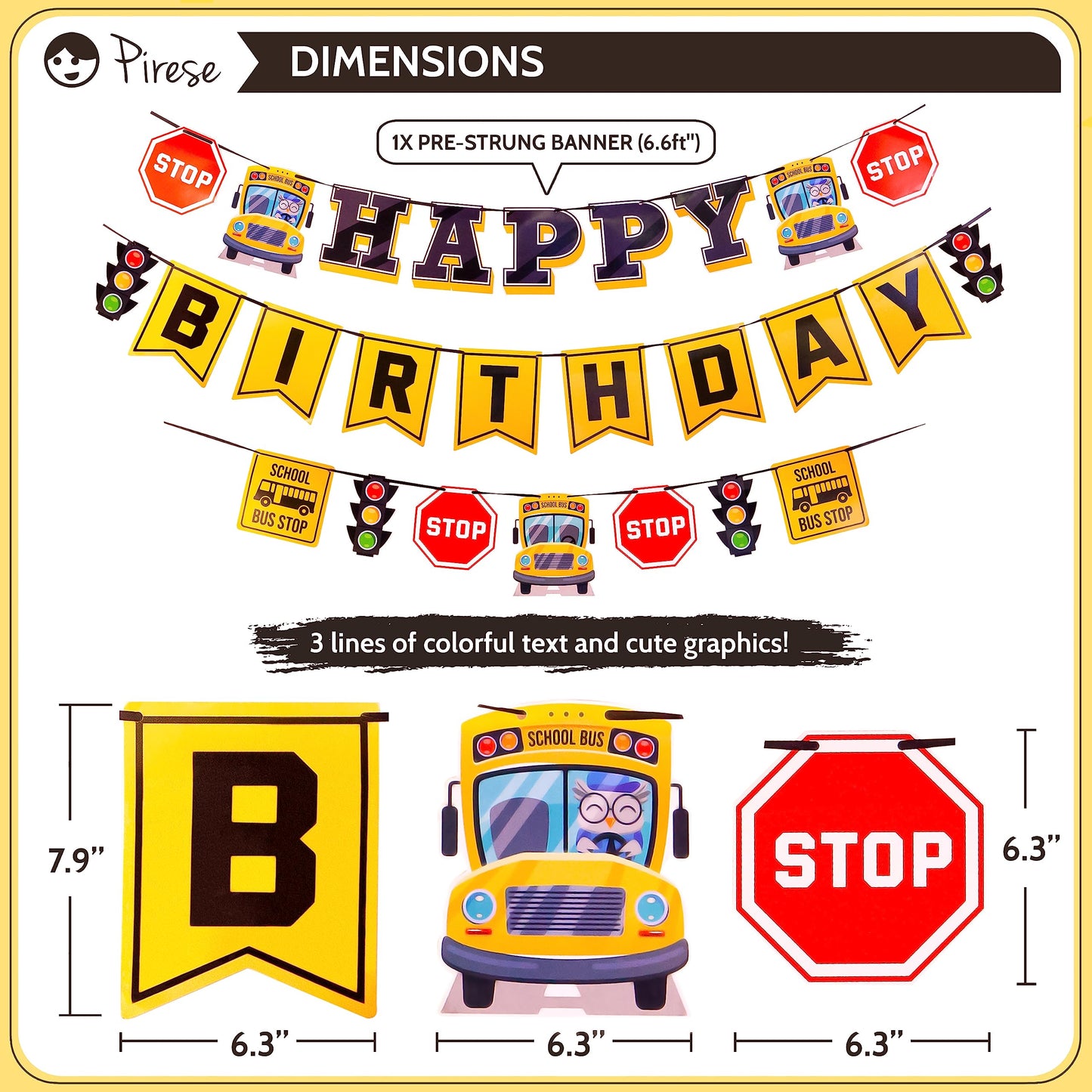 Pirese Wheels on the Bus Birthday Banner Kit, School Bus Party Decorations with Balloons, Yellow Bus Theme Decor for Kids Birthday Party