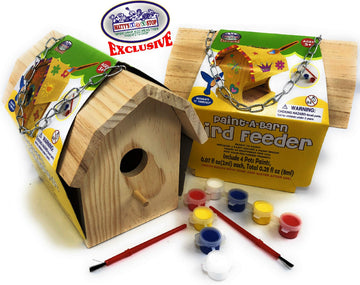 Matty's Toy Stop Paint-A-Barn Wooden Birdhouse & Bird Feeder (Includes Paints & Brushes) Gift Set Bundle - 2 Pack
