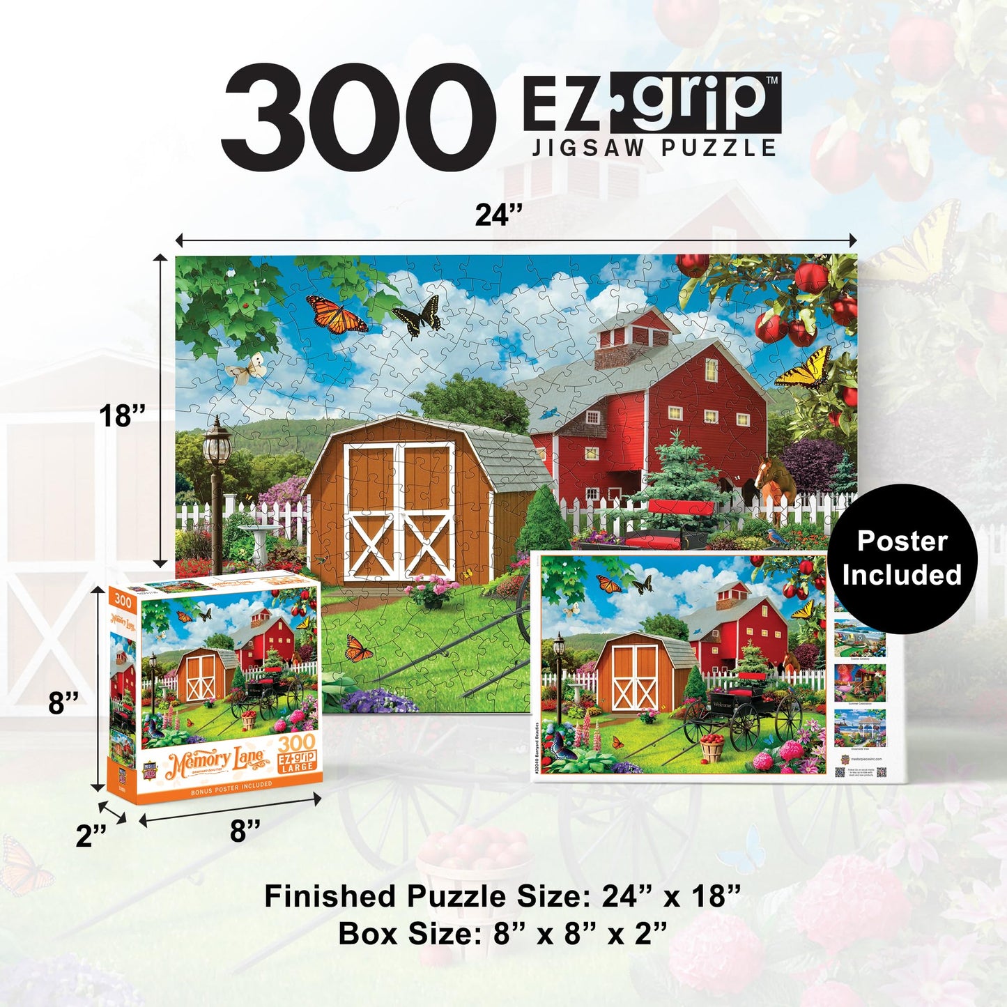 MasterPieces - 300 Piece Jigsaw Puzzle, Large EZ Grip Shapes, Barnyard Beauties, Fun for Adults, Seniors, Family, Kids, Non-Glare Finish, 18"x24"