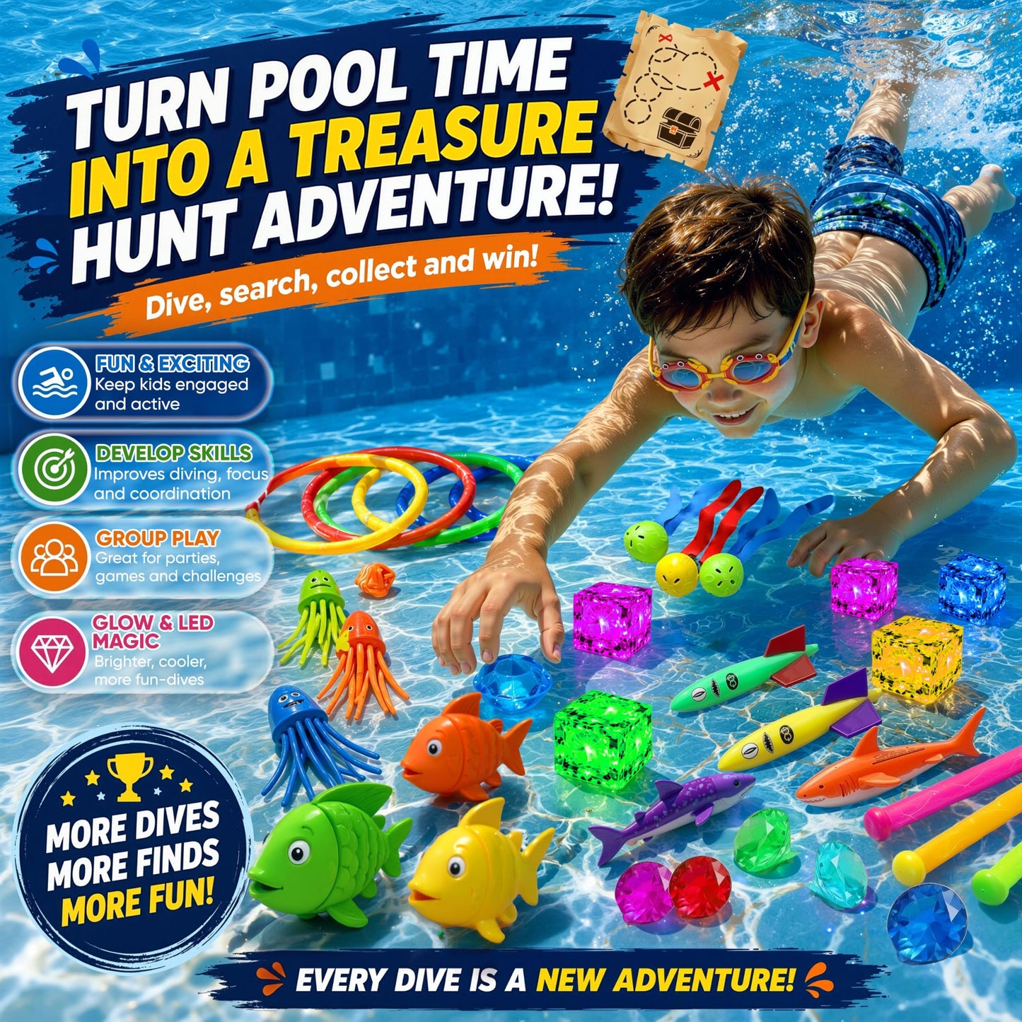 JoyX 35-Piece Glow Pool Diving Toys Set with LED Cubes, Goggles & Carry Bag