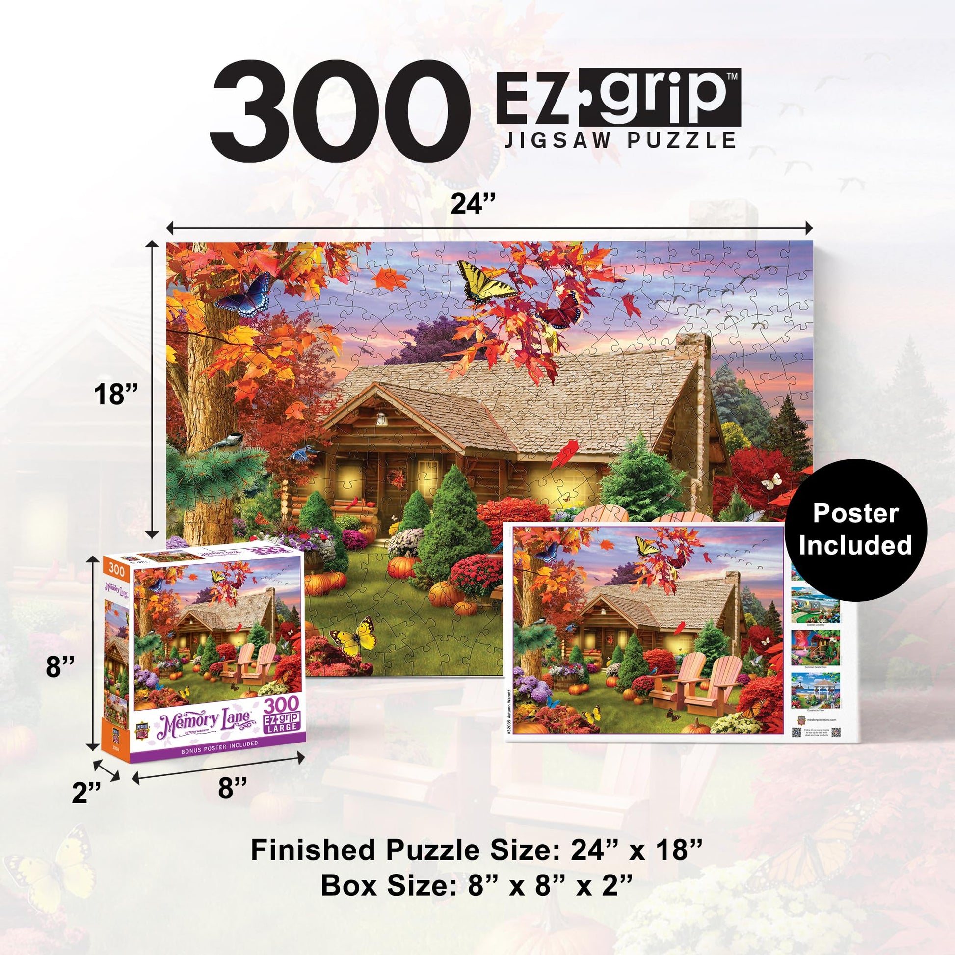 MasterPieces Thanksgiving Puzzles 300 Piece EZ Grip Jigsaw Puzzle, Autumn Warmth Fall Scene, Large Piece Design, Non-Glare Matte Finish, Eco-Friendly