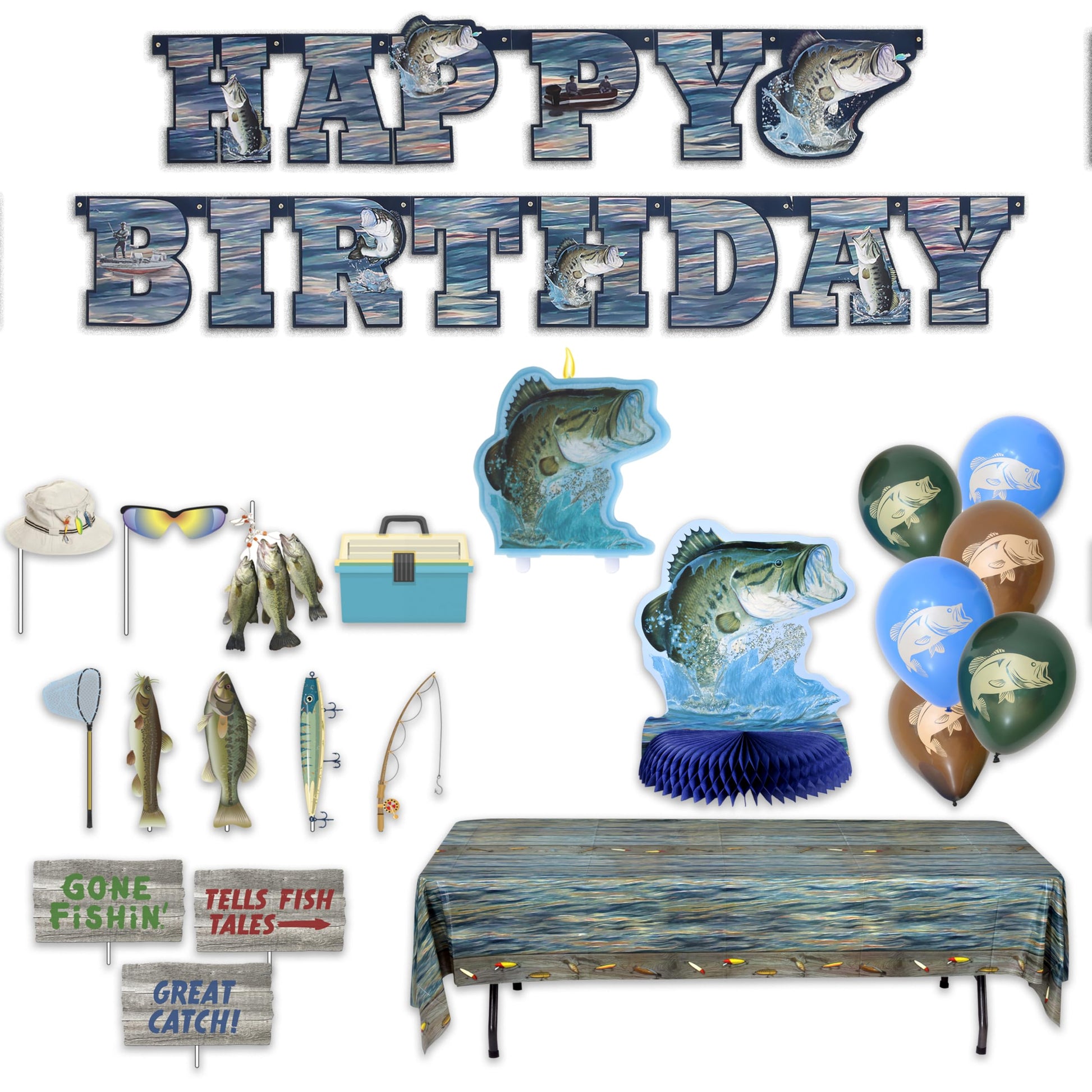 Havercamp Gone Fishing Birthday Party Premium Decorations Kit! Includes: Birthday Banner, Bass Centerpiece, 6 Bass Balloons, 12 Photo Props, 1 Cake