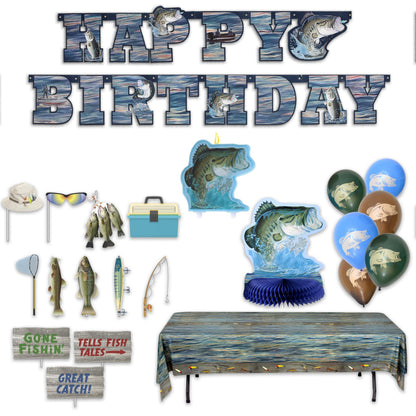 Havercamp Gone Fishing Birthday Party Premium Decorations Kit! Includes: Birthday Banner, Bass Centerpiece, 6 Bass Balloons, 12 Photo Props, 1 Cake