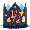LINGANA Outer Space 1/2 Birthday Crown - Planet Half Way to One Birthday Decorations,Dark Blue Glitter Space Party Crown,Little Astronaut 6 Month