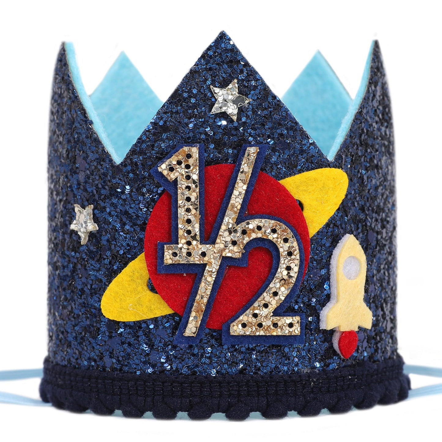 LINGANA Outer Space 1/2 Birthday Crown - Planet Half Way to One Birthday Decorations,Dark Blue Glitter Space Party Crown,Little Astronaut 6 Month