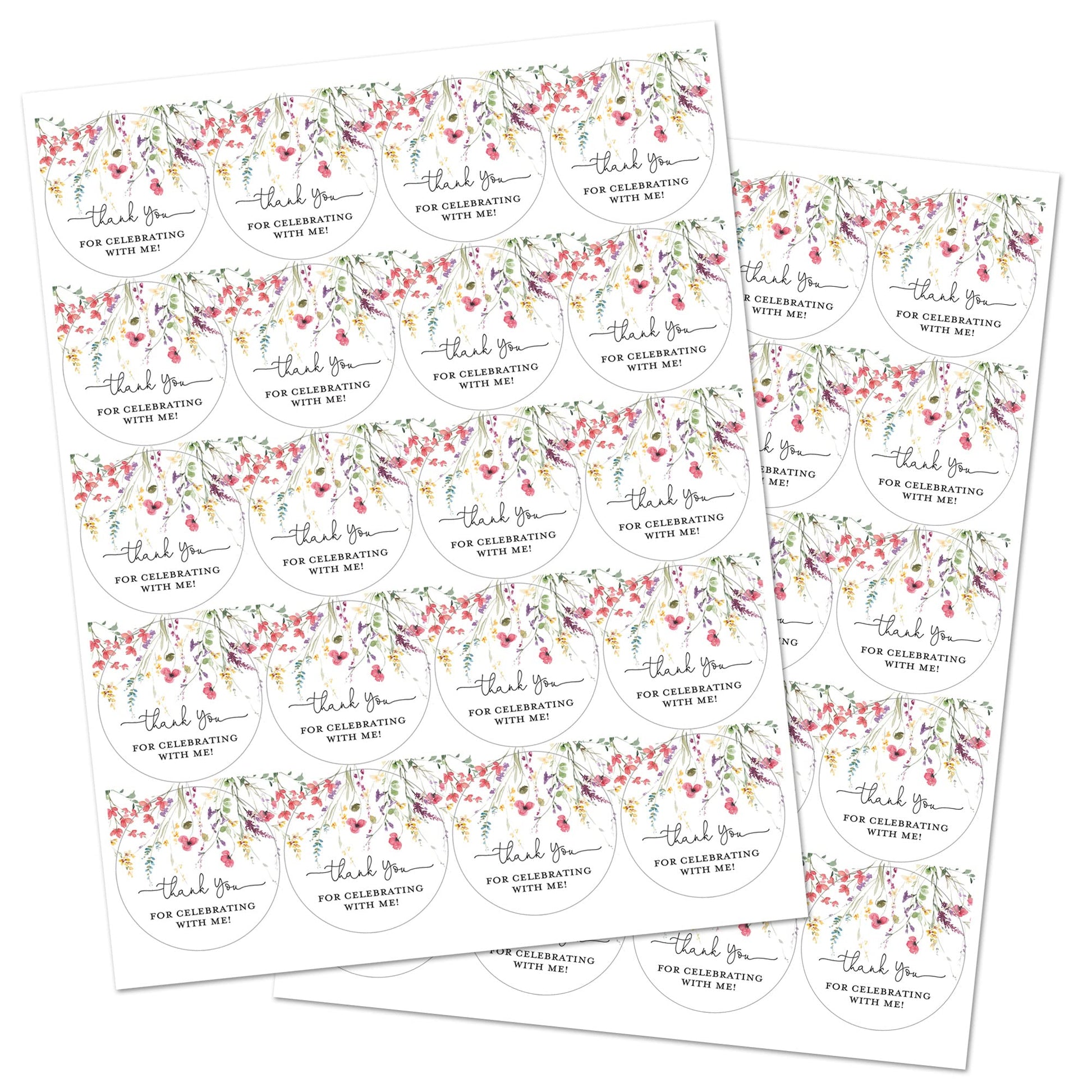 2"" Round Watercolor Wildflowers Thank You Favor Stickers - Set of 40