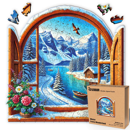 LEOGOR Wooden Jigsaw Puzzles for Adults 200 Pieces (11.1 × 10.9 in), Winter Puzzle, Extra-Thick 5 mm Wood, Unique Animal Shapes, Relaxing for Adults