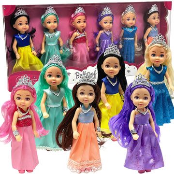 Little Dolls Set with Mini Princess Dolls for Girls - Princess Toy Dolls for Dollhouse -Small Doll Mini Princess Figures with Tiaras, Hair Accessories