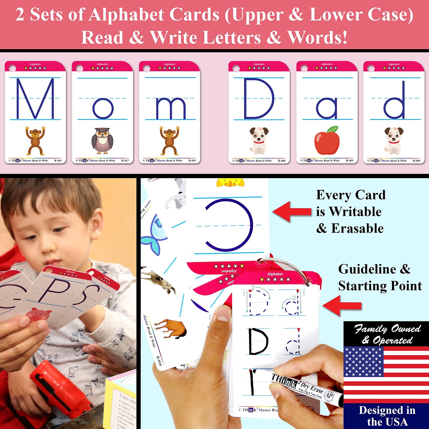 THINK2MASTER Premium 186 Laminated Alphabet, Sight Words & Phonics Flash Cards for Pre K & Kindergarten. (Bonus: 2 Dry Erase Markers, 5 Rings). Learn