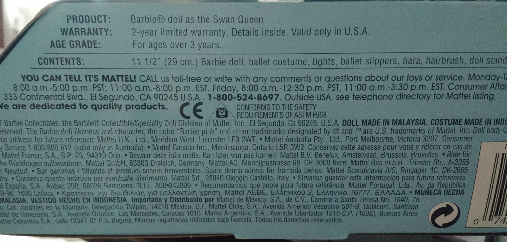 1998 Retired Barbie As the Swan Queen in Swan Lake From the Classic Ballet Series