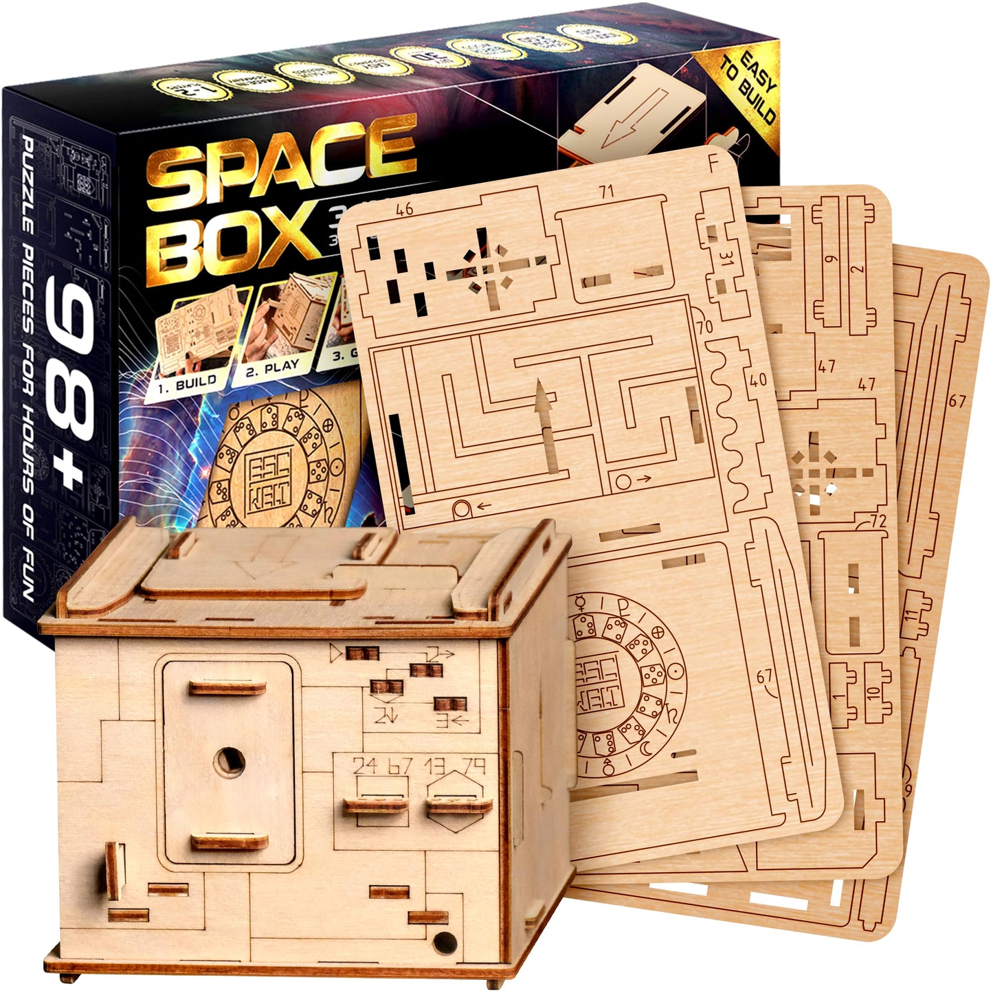 ESC WELT Space Box 3D Game - 3-in-1 Wooden Brain Teaser - Gift Box Riddle - Puzzle for Children and Adults - Mind Challenge - Escape Room
