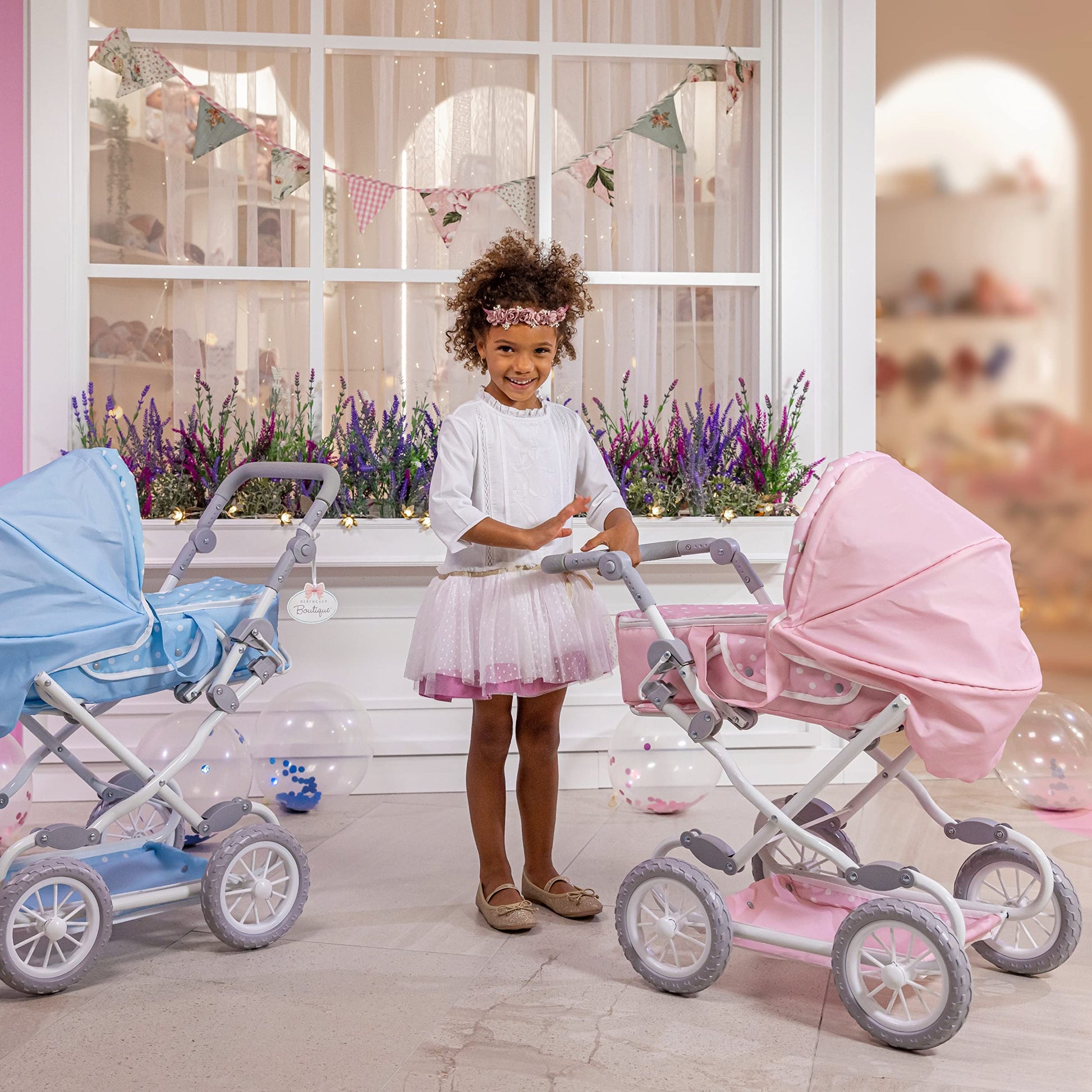JC Toys | Berenguer Boutique | Deluxe Foldable Baby Doll Stroller with Canopy | Removable Carry Basket | Pink | Ages 3+