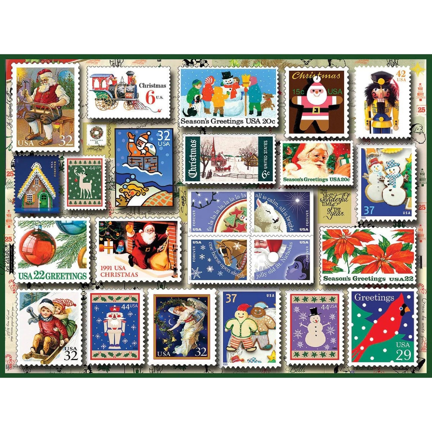 White Mountain 500 Piece Jigsaw Puzzle Winter Collage Christmas Puzzles with Large Pieces Gift for Adults 18"x24" - Holiday Stamps
