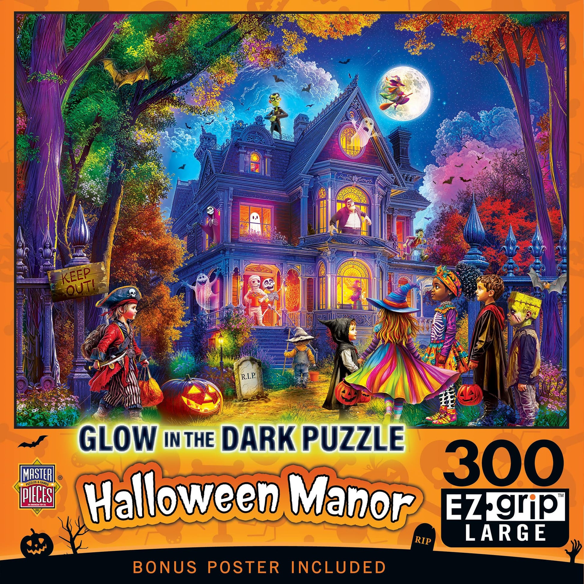 MasterPieces 300 Piece EZ Grip Jigsaw Puzzle - Glow in the Dark - Halloween Manor - 18"x24"