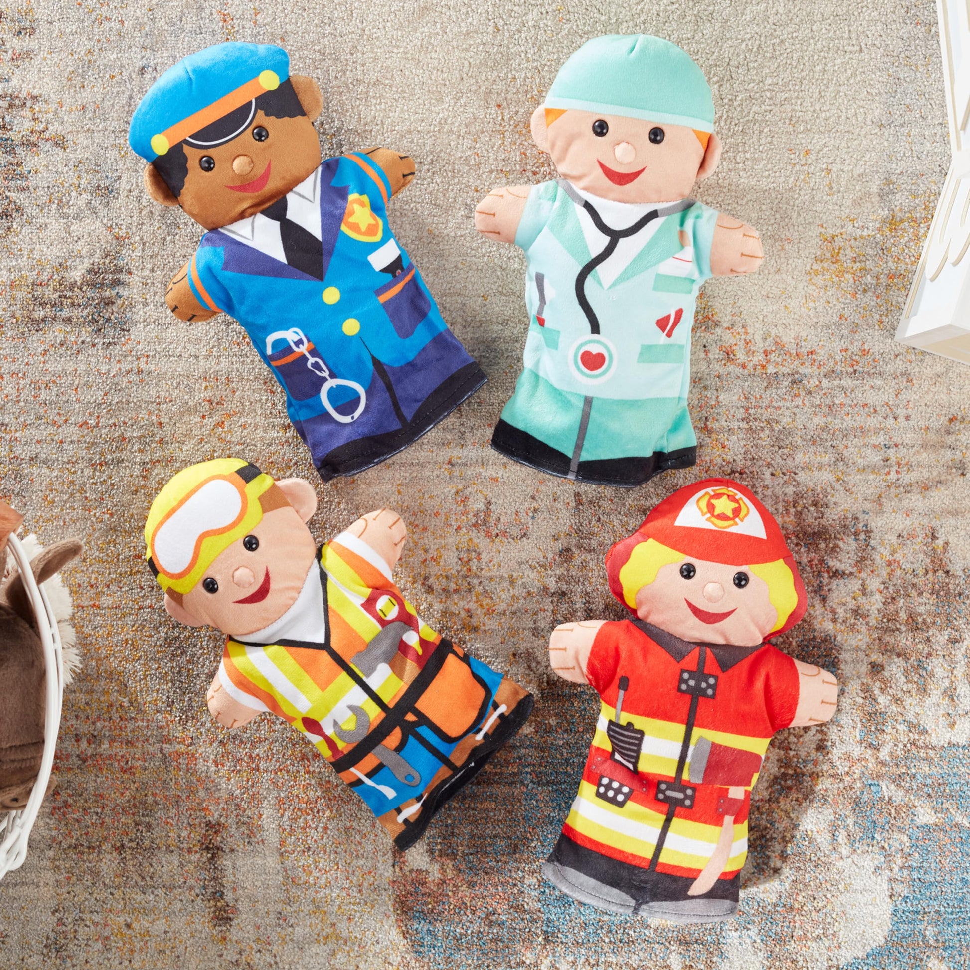 Melissa & Doug Jolly Helpers Hand Puppets (Set of 4) - Construction Worker, Doctor, Police Officer, and Firefighter