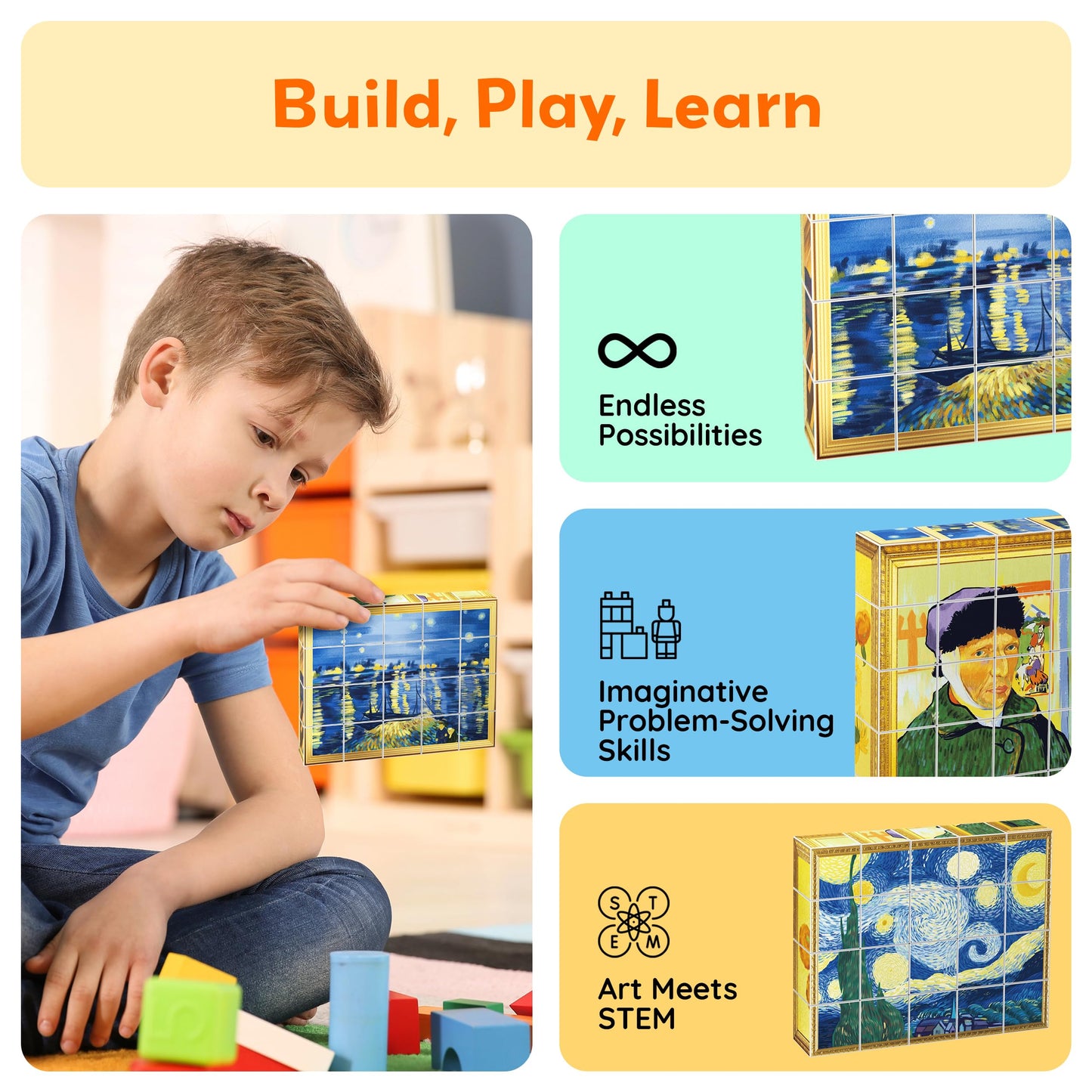 PicassoTiles 20pcs 1” Magnetic Puzzle Building Cubes Blocks for Kids, Van Gogh, Mona Lisa Hand Puzzle, STEM Magnet Toy Mix&Match Educational Popular