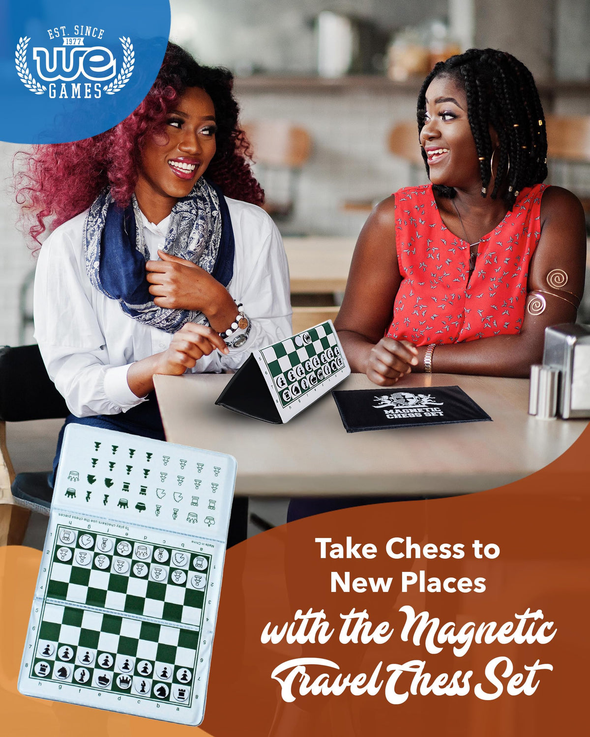 WE Games Mini Magnetic Travel Chess Set - 10-Inch Foldable Board with Durable Vinyl Pieces & Extra Queens- Indoor & Outdoor Magnetic Chess Game
