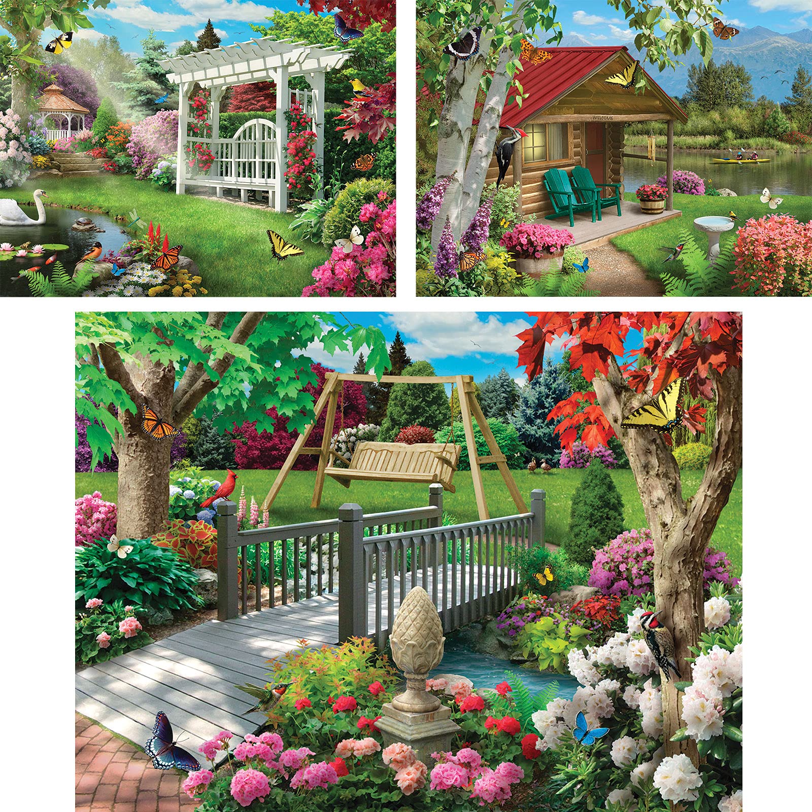 Bits and Pieces - Value Set of Three 300 Piece Jigsaw Puzzles for Adults - Gardens Galore, Lake Life, Peaceful Park Jigsaw Puzzles by Artist Alan