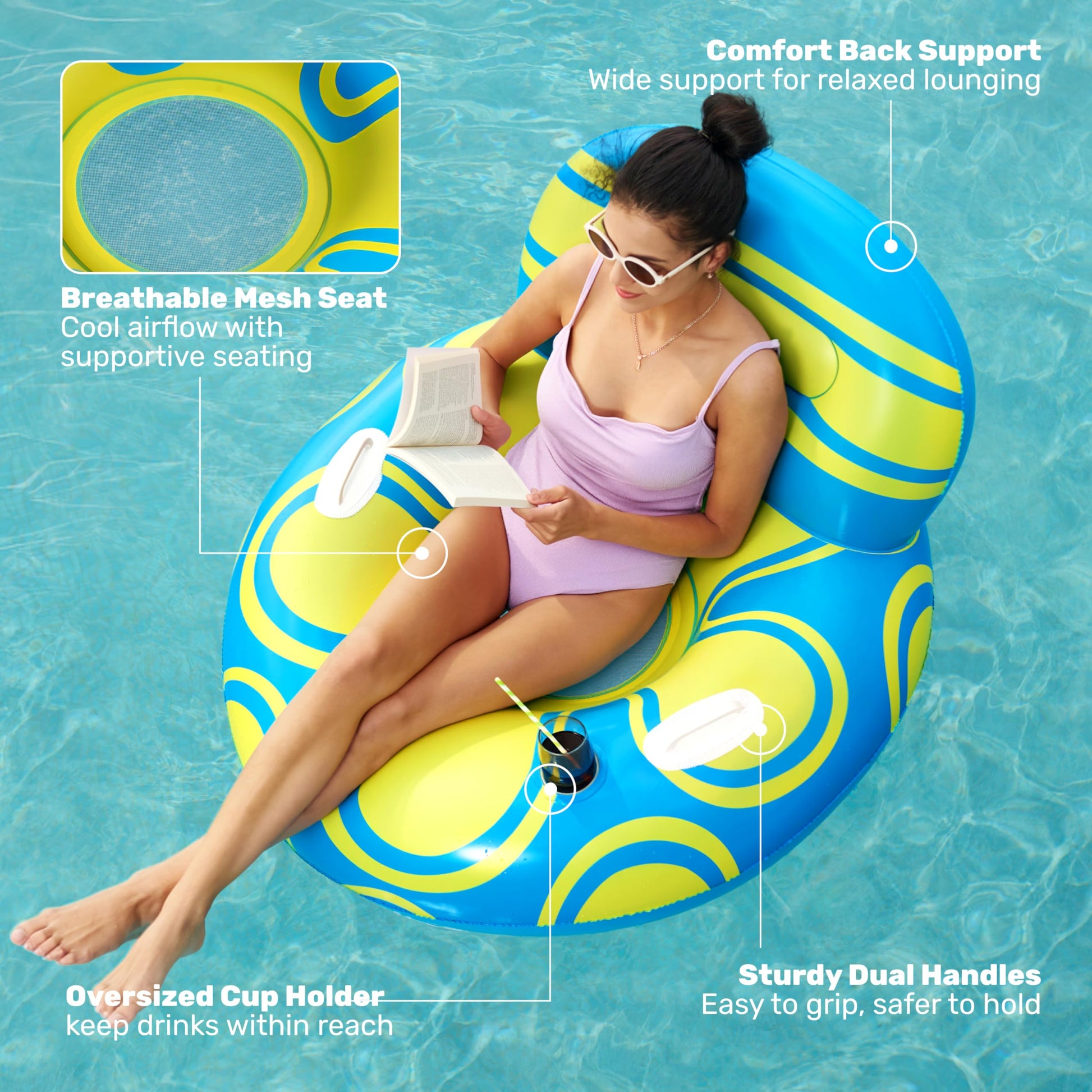 Sloosh Inflatable Pool Float Lounger - River Tube Floating Chair Sofa with Big Backrest, Blow Up Floaties Lake Raft Lounge with Mesh Bottom Handle Cup
