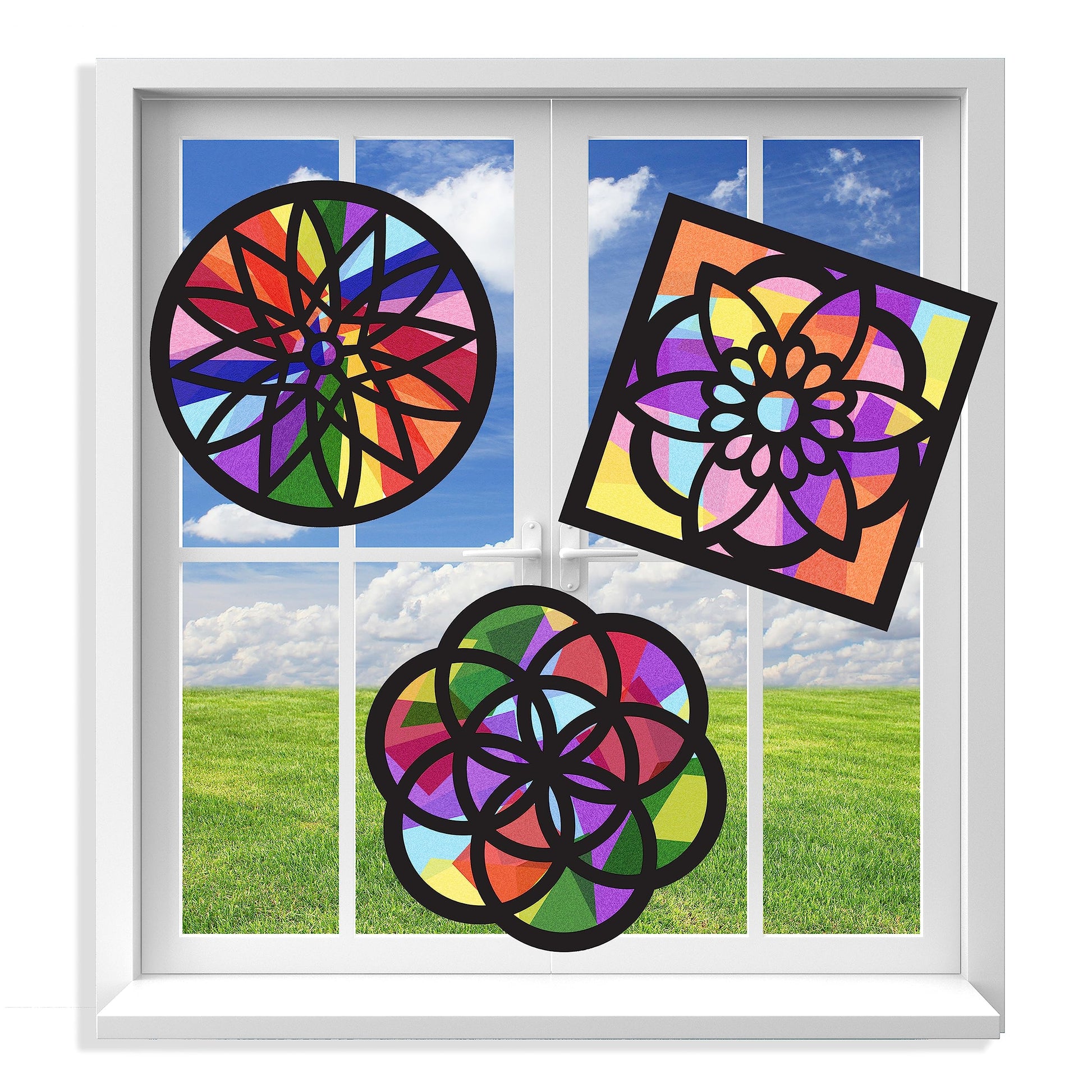 VHALE Suncatchers Craft 3 Sets (9 Cutouts) w Tissue Papers Stained Glass Effect Paper Sun Catcher Kit, Window Art, Classroom Crafts, Creative Art