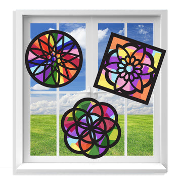 VHALE Suncatchers Craft 3 Sets (9 Cutouts) w Tissue Papers Stained Glass Effect Paper Sun Catcher Kit, Window Art, Classroom Crafts, Creative Art