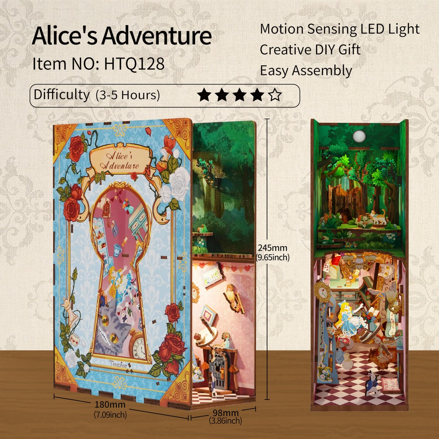 Hands Craft DIY Book Nook Kit - Decorative Miniature House Dollhouse LED Lights Booknook Bookshelf Insert Wooden Puzzle 3D Bookends Book Stand Décor