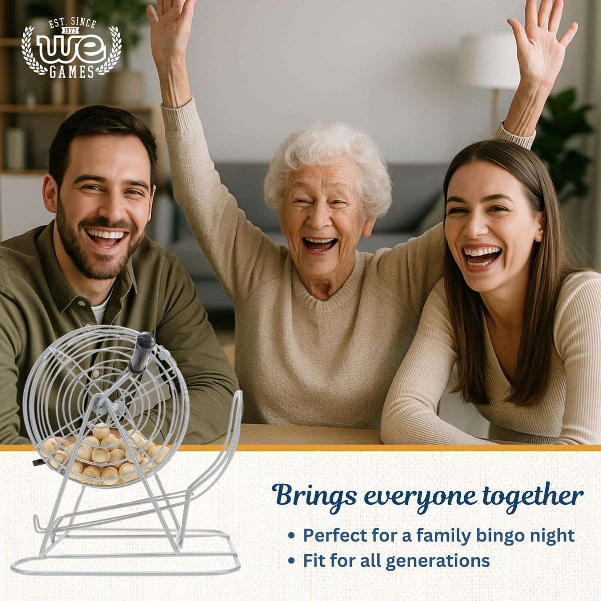 WE Games Retro Bingo Game Set with Metal Rotary Cage, Deluxe Wooden Master Board, Wood Balls, Party Games for Families, Fairs, and Churches