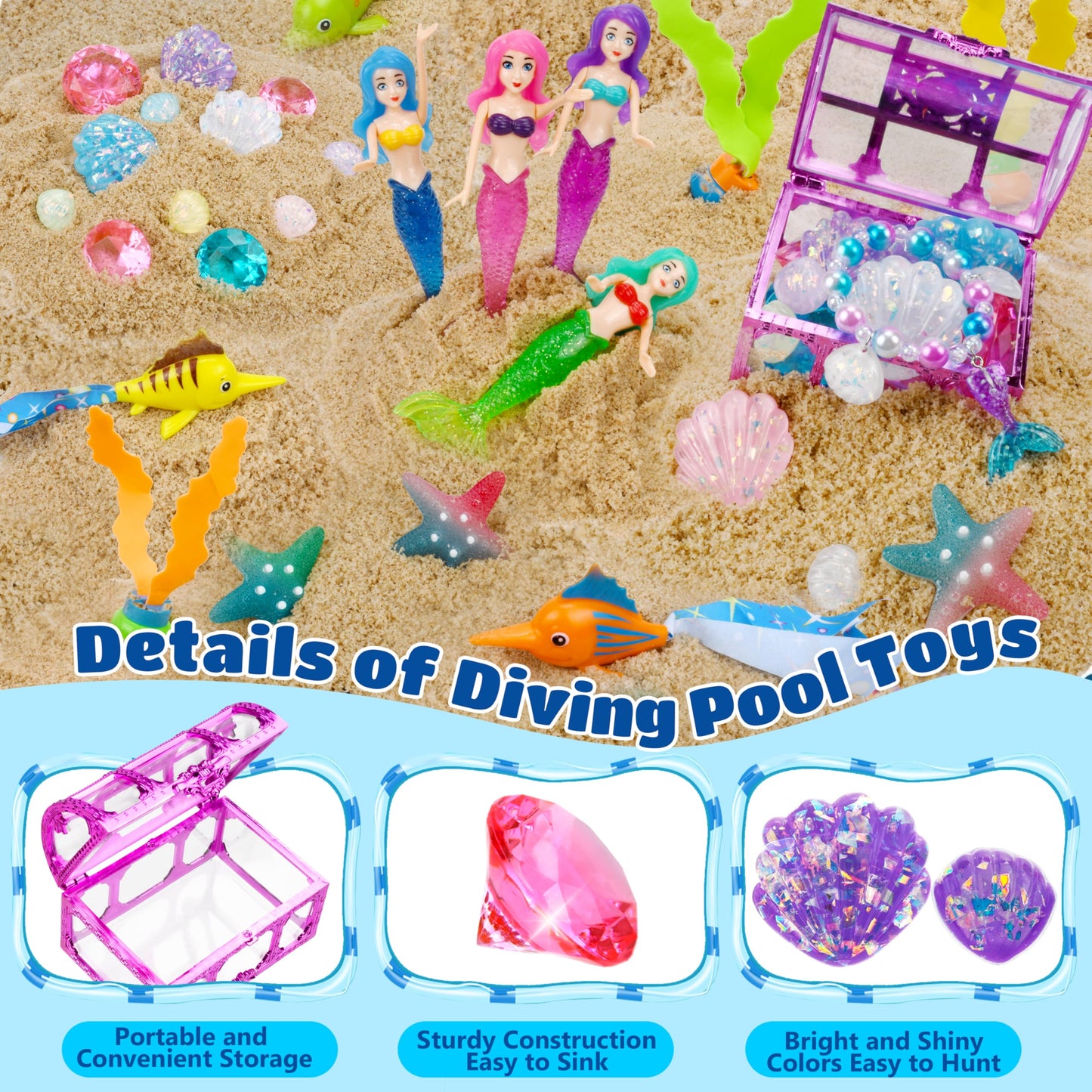 Hoplito 37 Pcs Diving Pool Toys Set with Treasure Chest, Mermaid Pool Toys Colorful Diamond with Storage Bag, Summer Underwater Game Toys Swimming