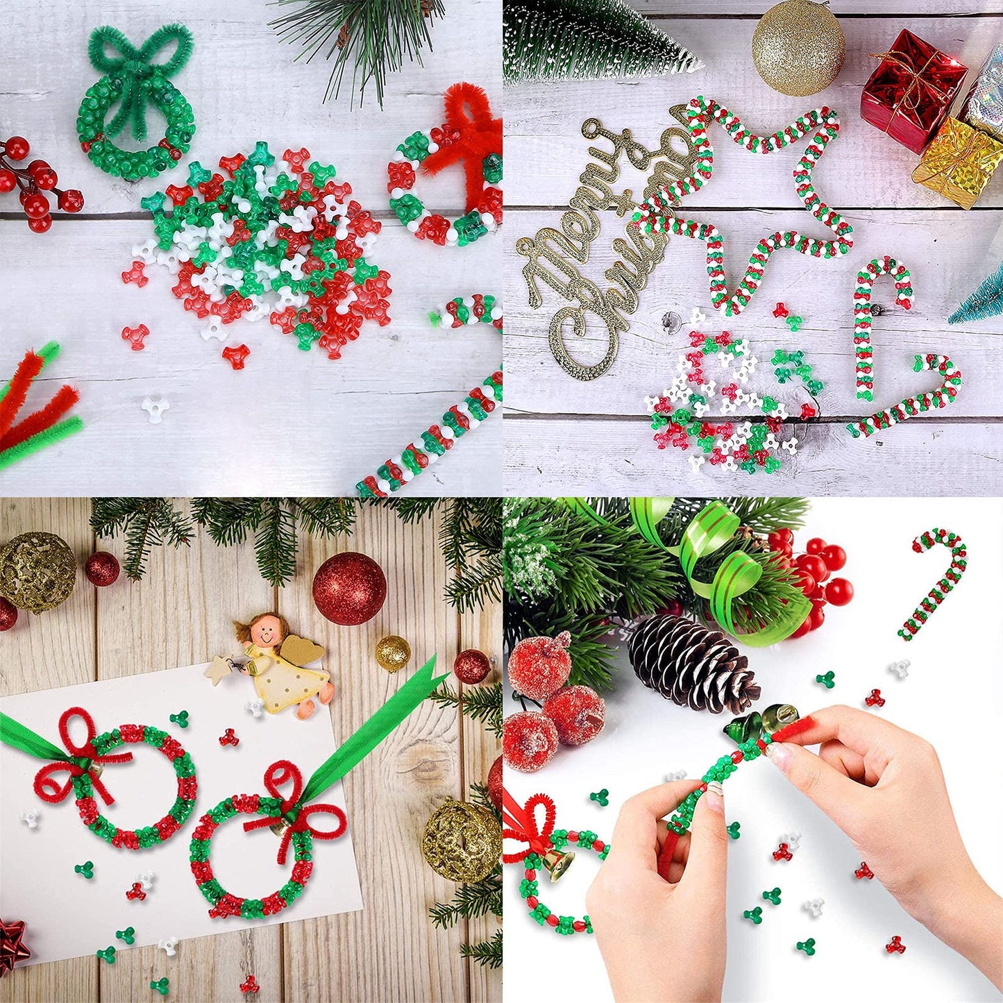 1000Pcs Christmas Tri Beads Plastic Beaded Ornament Kit with 30 Pcs Red and Green Chenille Stems Pipe Cleaners, 30 Pcs Bells and 10m Ribbon