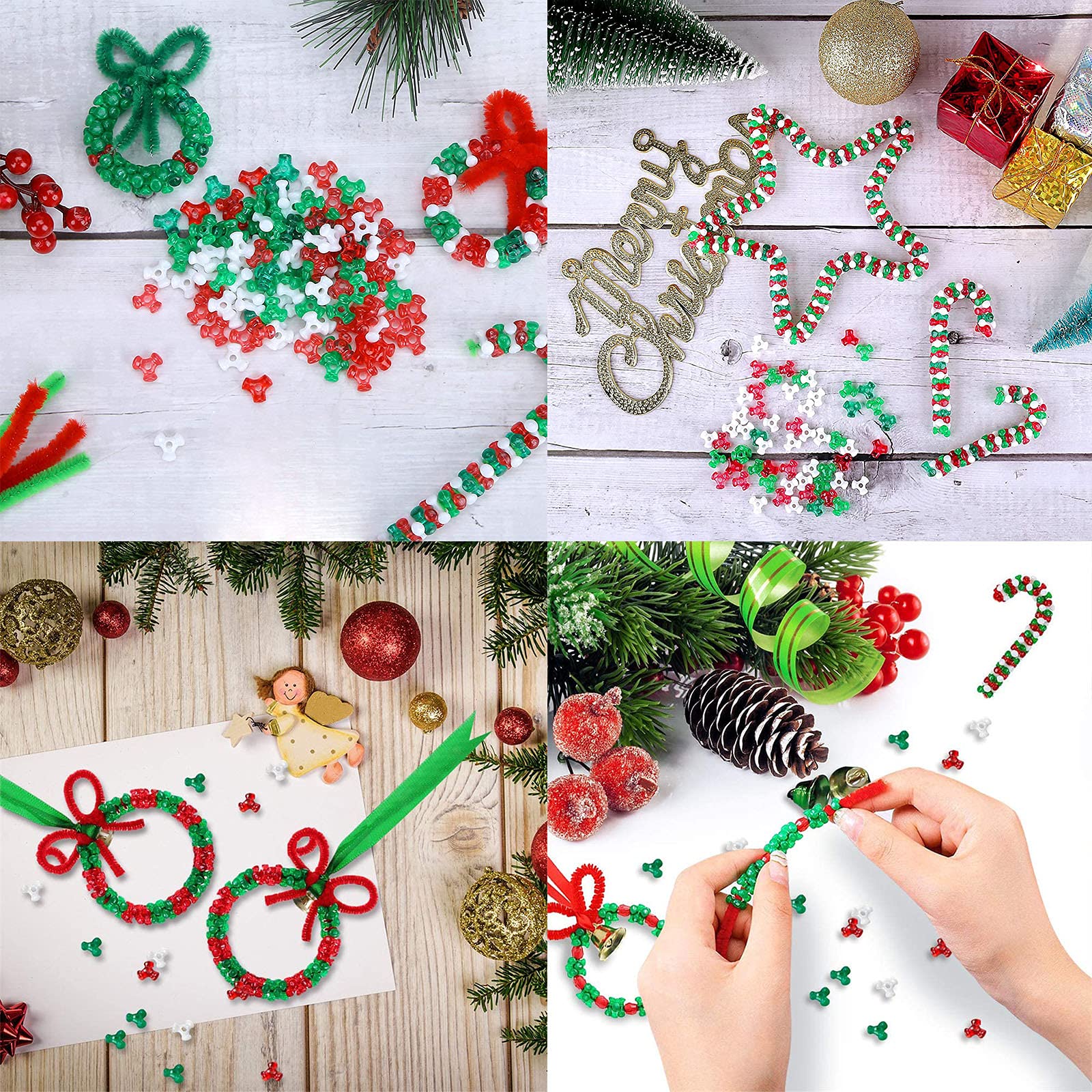 1000Pcs Christmas Tri Beads Plastic Beaded Ornament Kit with 30 Pcs Red and Green Chenille Stems Pipe Cleaners, 30 Pcs Bells and 10m Ribbon