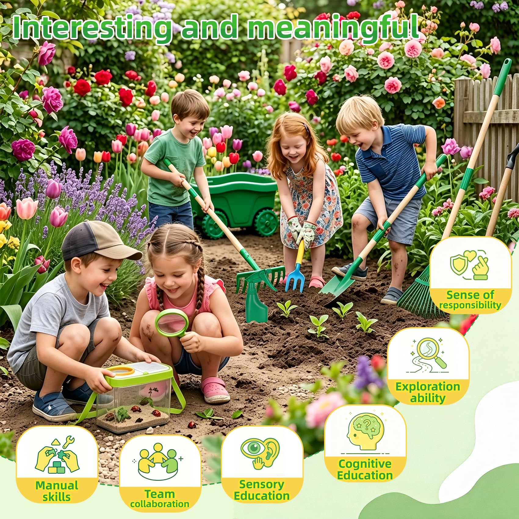16Pcs Kids Gardening Tools,2-in-1 Kids Garening Wheelbarrow Toys