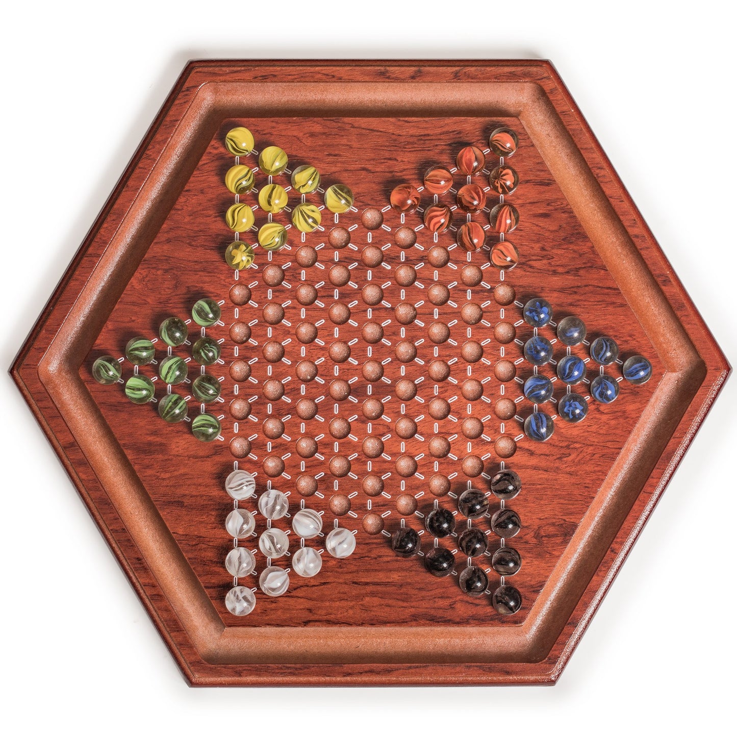 Yellow Mountain Imports Wooden Chinese Checkers Halma Board Game Set - 13.6-Inch - with 60 Colored Petal-Style Glass Marbles (16-Millimeter) - Classic