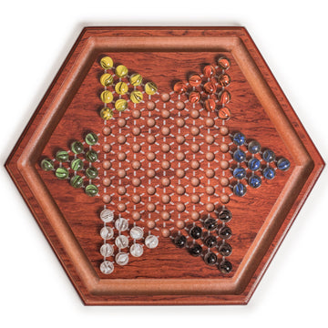 Yellow Mountain Imports Wooden Chinese Checkers Halma Board Game Set - 13.6-Inch - with 60 Colored Petal-Style Glass Marbles (16-Millimeter) - Classic