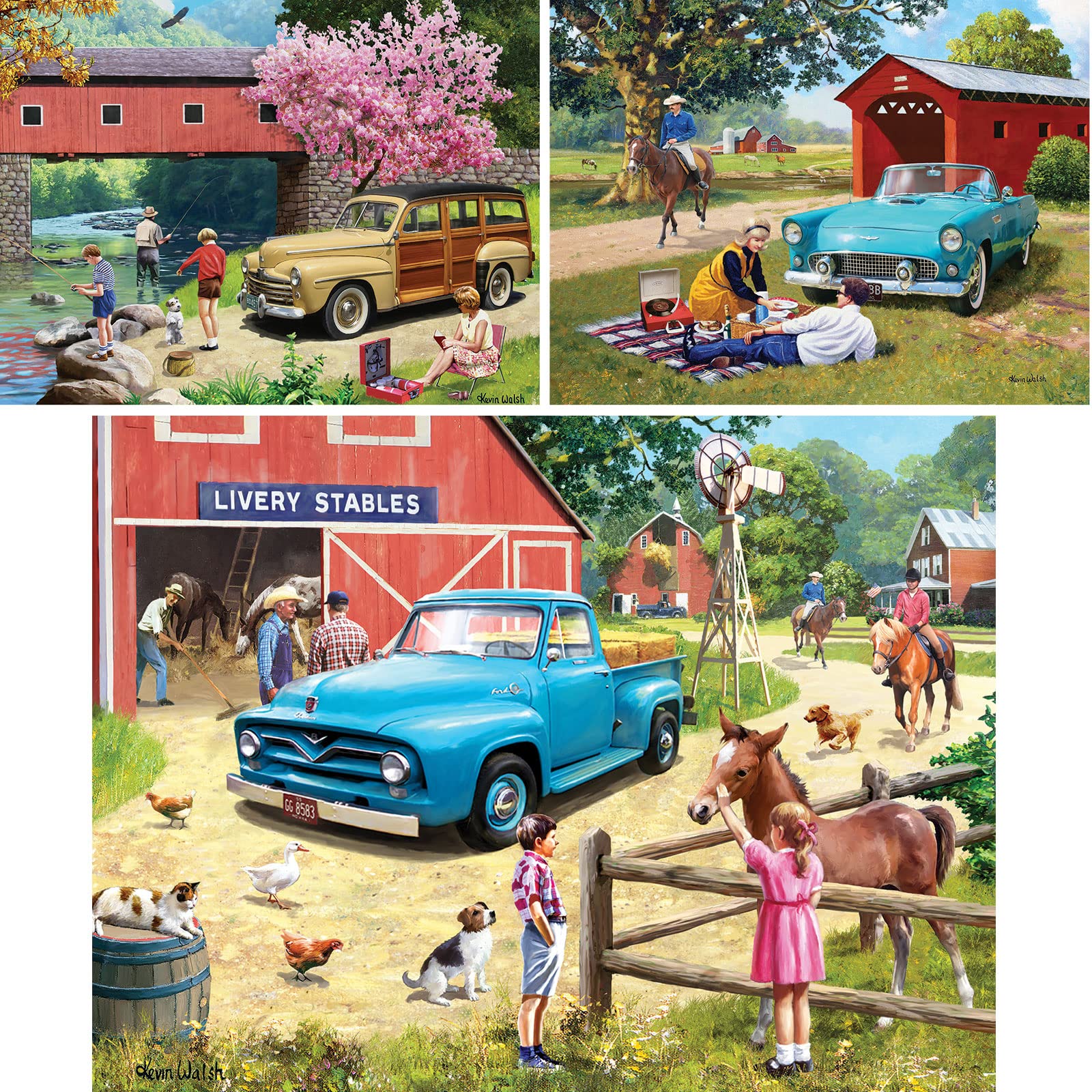 Bits and Pieces 3 Jigsaw Puzzle Set - 500 Piece Puzzles for Adults - Vintage Cars Set - 18" x 24" Jigsaw Puzzles - Summer Country - Random Die Cut