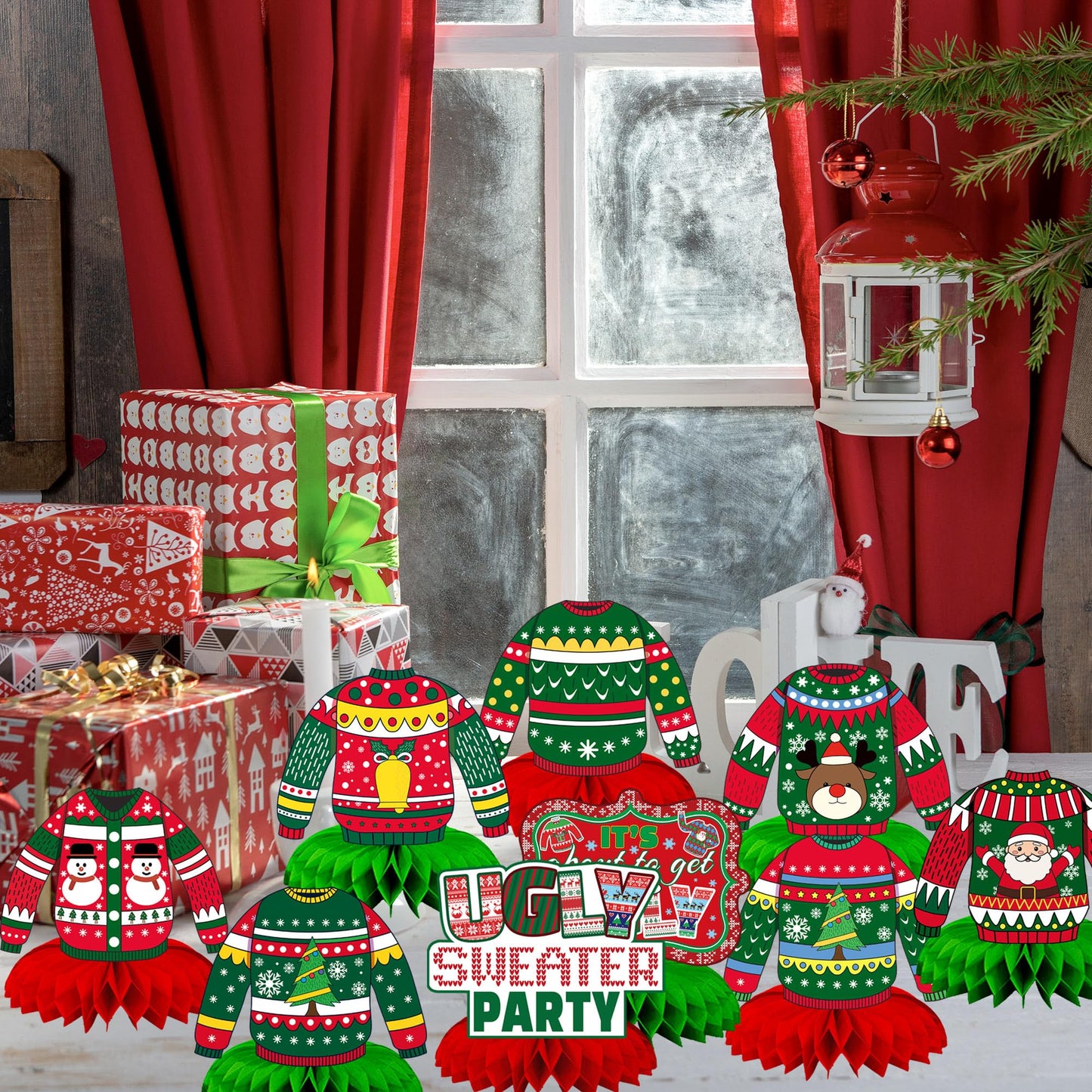CUUSNNY 9 Pcs Ugly Sweater Party Decorations Honeycomb Centerpiece