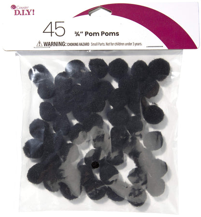 Cousin DIY Black 3/4 inch Poms, 45 Pack