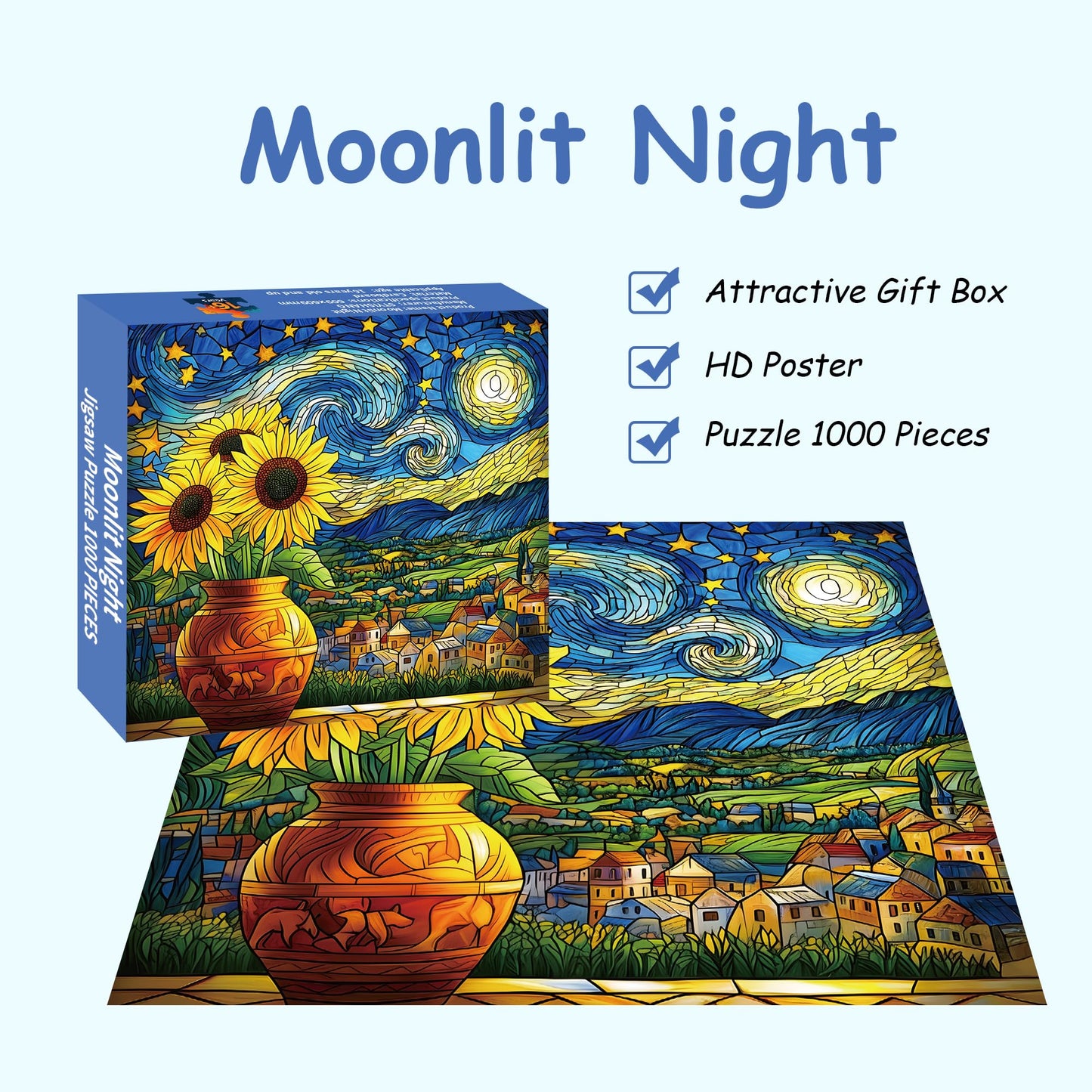 Starry Night Puzzle 1000 Pieces-Moonlit Night, Sunflower Puzzles for Adults 1000 Pieces, Impossible Stained Glass Puzzles for Seniors Family