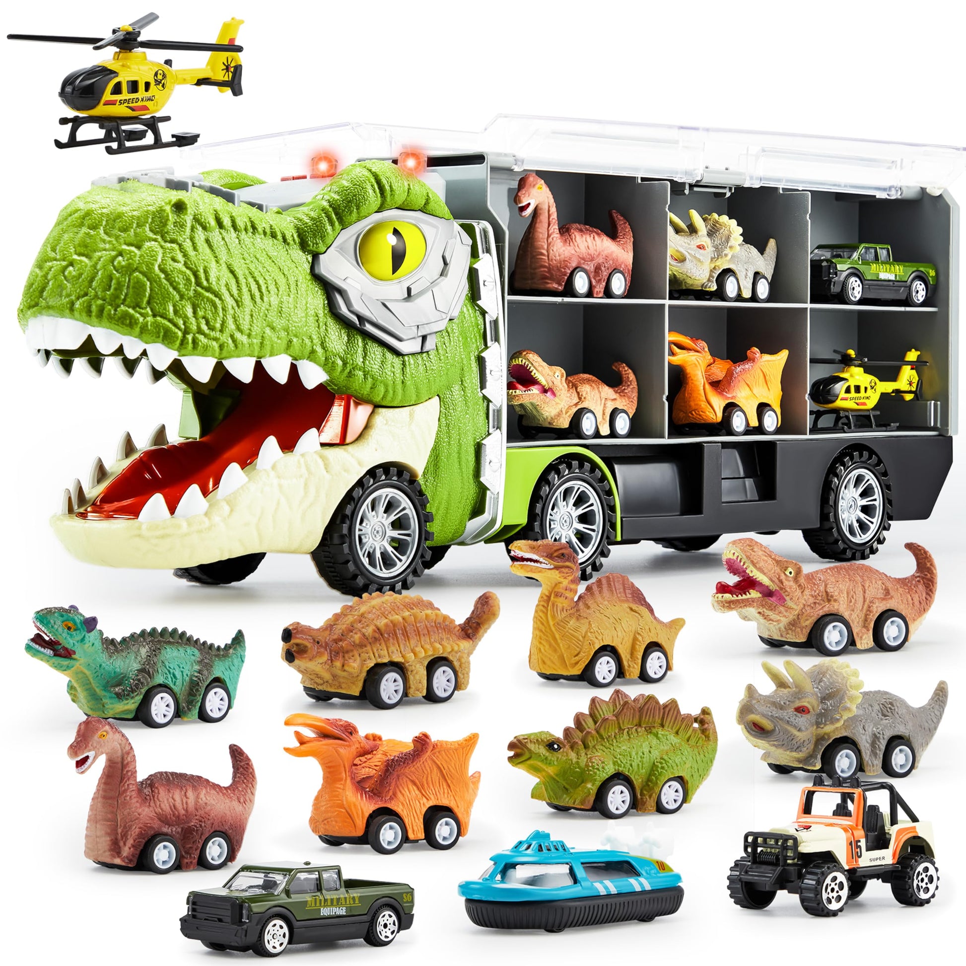 JOYIN 13 in 1 Dinosaur Toys for Kids 3-5, Transport Dinosaur Carrier Truck with 12 Pull Back Cars, Toddler Toys 3-4? Birthday Gifts for 3 4 5+ Year