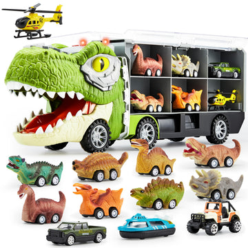 JOYIN 13 in 1 Dinosaur Toys for Kids 3-5, Transport Dinosaur Carrier Truck with 12 Pull Back Cars, Toddler Toys 3-4? Birthday Gifts for 3 4 5+ Year
