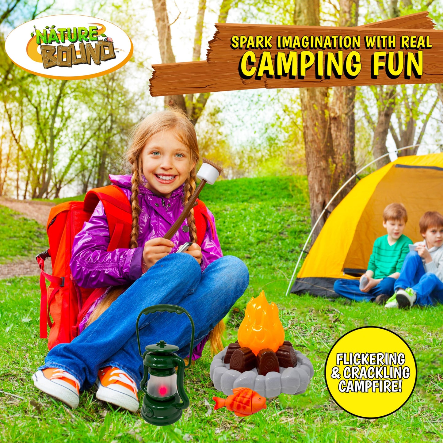 Nature Bound Kids Camping Playset - Light-Up Campfire Toy Set for Indoor and Outdoor Adventures - Pretend S’Mores, Lantern, and Camping Accessories