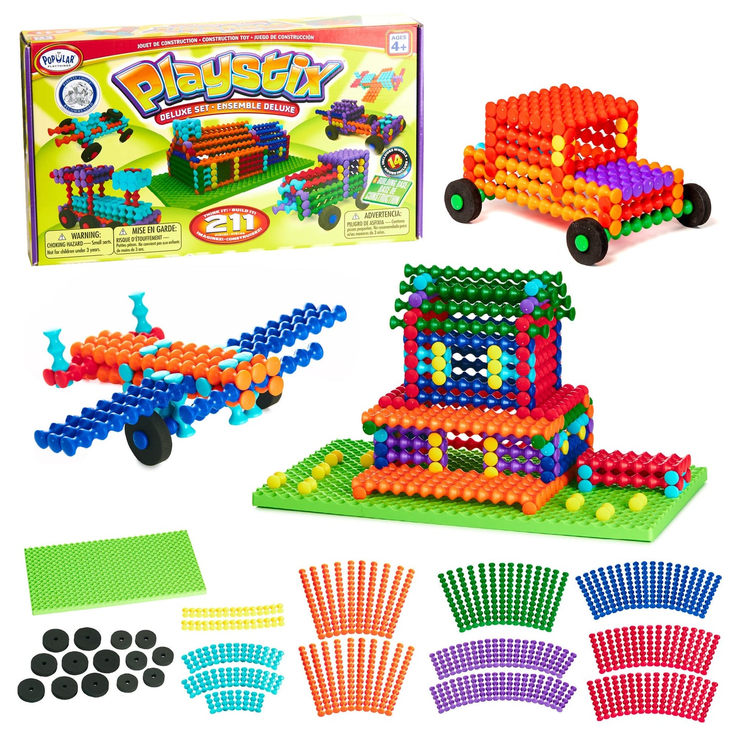 Popular Playthings Playstix, Building Sticks Kit For Kids, Construction Stem Building Toy Gift for Boys & Girls - 211 Piece