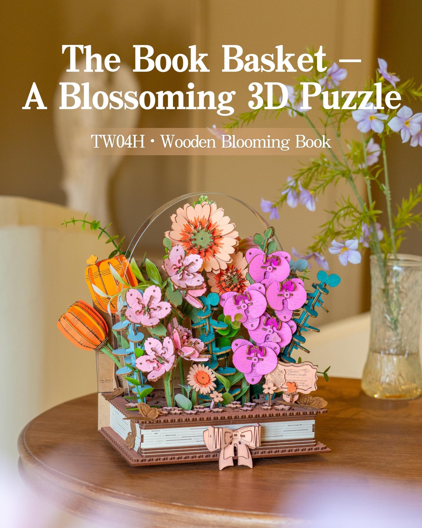 ROBOTIME 3D Wooden Blooming Book Garden DIY Kit, Flowers Building Set, Adult Creative Craft & Home Decor Puzzle, Unique Gift for Women, Mom