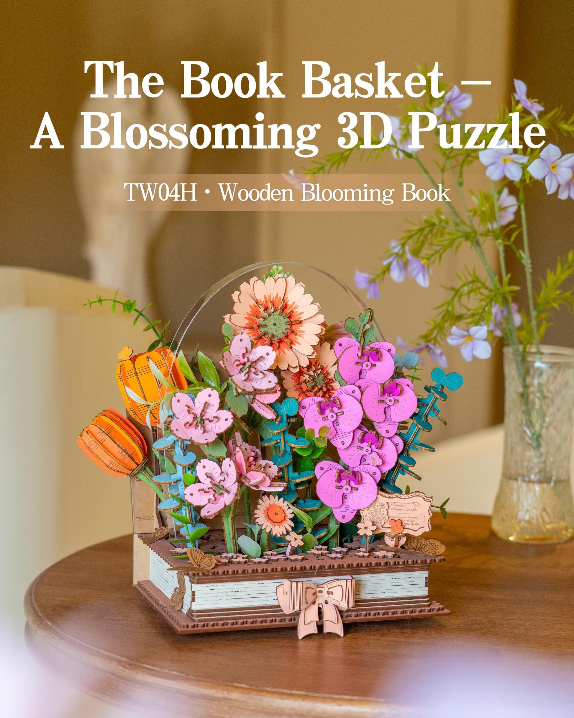 ROBOTIME 3D Wooden Blooming Book Garden DIY Kit, Flowers Building Set, Adult Creative Craft & Home Decor Puzzle, Unique Gift for Women, Mom