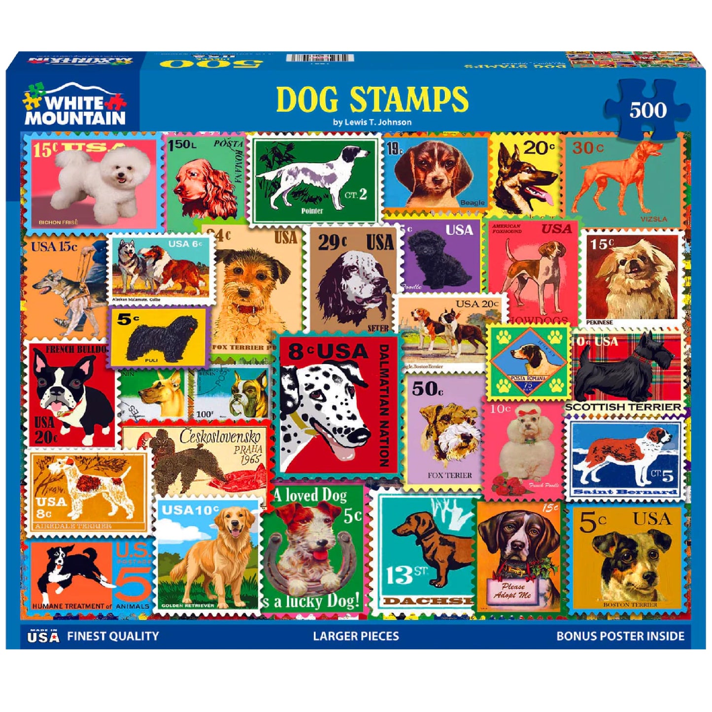 White Mountain 500 Piece Jigsaw Puzzle Fun Animal Collage, Dog Stamps
