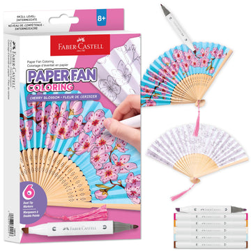Faber-Castell Paper Fan Coloring Kit: Cherry Blossom | Folding Fans with Dual-Tip Markers & Pre-Printed Designs | Relaxing DIY Craft, Kids Activities