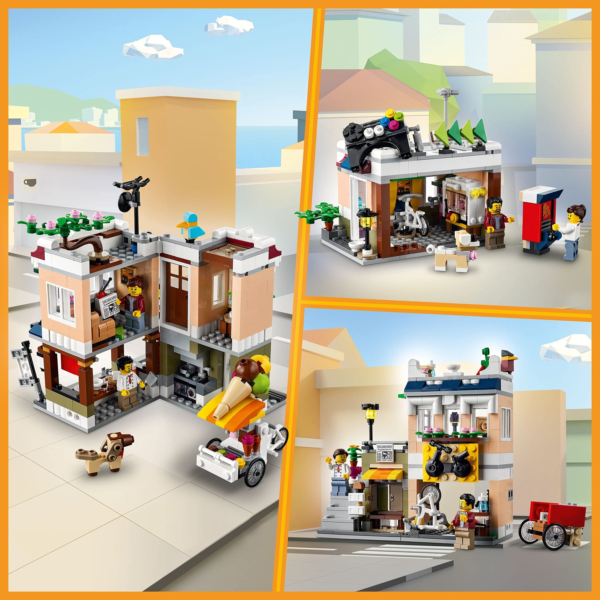 LEGO Creator 3 in 1 Downtown Noodle Shop House, Transforms from Noodle Shop to Bike Shop to Arcade, Modular Building Set, Toy Gift for Kids 8 Years